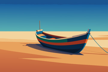 Naklejka premium A colorful fishing boat rests on a sandy beach under a clear blue sky