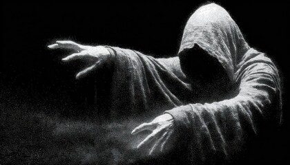 Grim reaper reaching out in darkness with space for text.