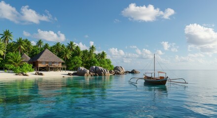 Fototapeta premium Bungalow on a tropical island beach with an outrigger boat in turquoise waters offering a serene vacation destination