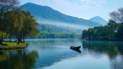 empty fisher boat in the river in Sunrise through the mountains