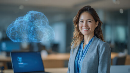 A smiling Asian woman in her 30s stands confidently at a laptop, with a digital cloud representing AI technology floating beside her in a modern office environment