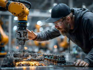 Supervisor gesturing toward dashboard as collaborative robot places part in tidy assembly bay