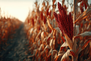 Close-up of sorghum heads illuminated by sunlight, displaying vibrant red hues amidst a field of golden foliage, creating a warm autumn atmosphere