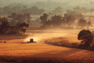 Fototapeta premium A combine harvester works through golden wheat fields in Brazil, creating a cloud of dust as sunlight filters through distant trees, highlighting the serene rural landscape