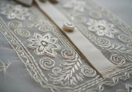 barong tagalog, traditional filipino formal wear. closeup of intricate floral embroidery on delicate fabric, featuring detailed patterns and soft hues. elegant textile design, fashion