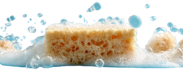 A light orange sponge is immersed in sudsy bubbles