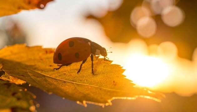 Ladybug on autumn leaf, sunlit