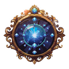 A majestic golden round frame with a radiant blue gem at its core, emanating powerful magical sparks and bright cosmic energy © firstprincess