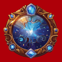 An ornate circular magical shield featuring a vibrant glowing blue gem with star particles, a mystical fantasy game avatar icon