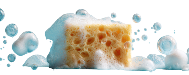 A light orange porous sponge is submerged in a frothy white cleaning solution, surrounded by bubbles