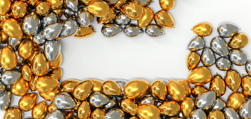 ballons festifs, dorés et argentés, autour d'une zone blanche vide rectangulaire - rendu 3D