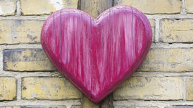 Pink Wooden Heart on Brick Wall Romantic Valentine Decoration
