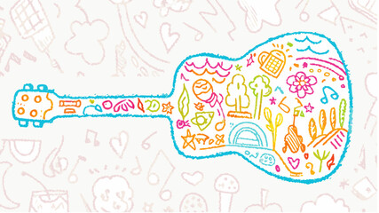 Acoustic guitar outline filled with colorful doodles of nature and musical elements on white background