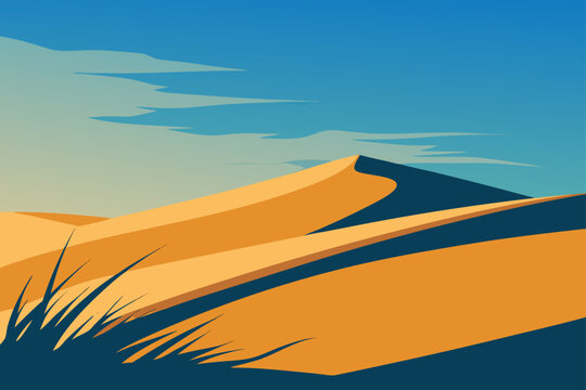 Stylized desert landscape with rolling sand dunes and sparse vegetation under a clear blue sky with wispy clouds