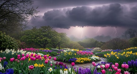 Springtime Garden with Colorful Flowers and Dramatic Sky.