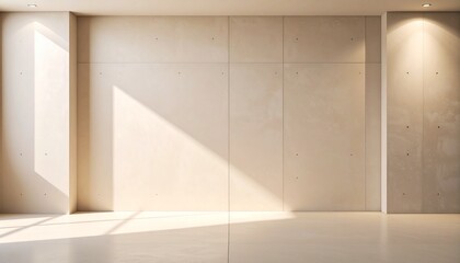 Fototapeta premium Minimalist concrete interior with dramatic diagonal sunlight and soft ambient lighting