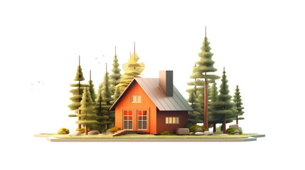 Fototapeta premium Cozy wooden cabin house surrounded by pine trees forest landscape with chimney and greenery isolated on white background