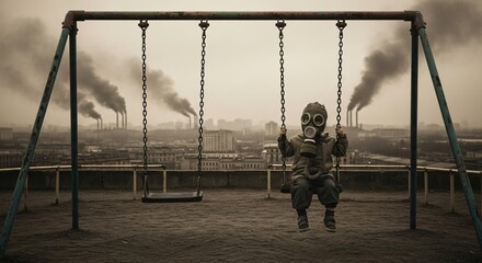 A child wearing a gas mask sits on a swing set with a polluting factory skyline in the background, showing environmental decay.