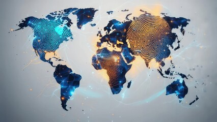 World map with digital fingerprint overlay