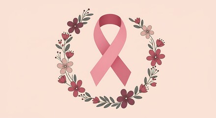Pink Ribbon Surrounded by Delicate Floral Wreath on Soft Peach Background