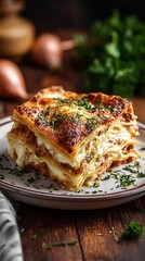High quality image of delicious creamy lasagna slice on a plate.