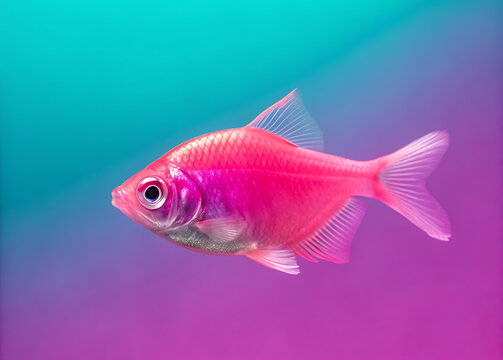 Vibrant pink glofish tetra swimming gracefully in a bioluminescent aquatic environment