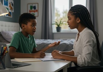 Obraz premium young afro-american woman helping boy with homework at home in cozy bedroom setting