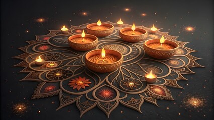 Beautiful diwali diya arrangement on intricate rangoli design with festive lights