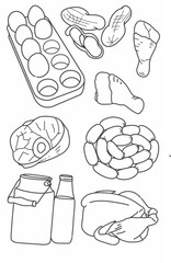 Protein raw food doodle line art drawing coloring page for children 