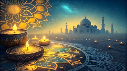 Festive ramadan evening with glowing lanterns and mosque silhouette