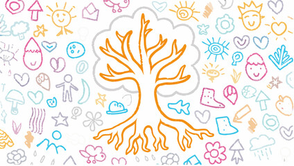 A whimsical drawing featuring a central tree surrounded by various doodle like illustrations on white paper