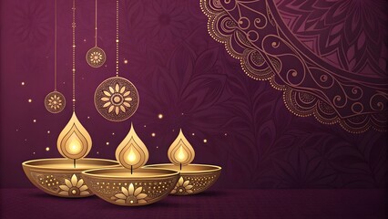 Traditional indian oil lamps and lanterns illuminated against a deep purple background with intricate gold patterns