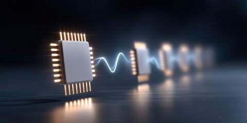 Obraz premium Microchip with glowing pins connected by light wave, futuristic technology concept with digital energy flow and dark background