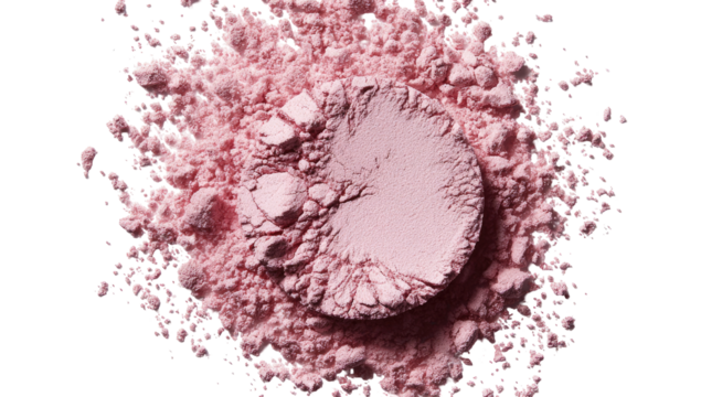 Pink powder makeup, scattered.  A light pink powder, in a circular shape, is centered amidst a larger scattering of the same powder