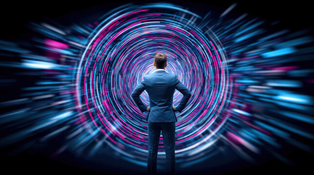 Businessman stands confidently, gazing into vibrant digital tunnel filled with swirling blue and pink lights, symbolizing innovation and future possibilities