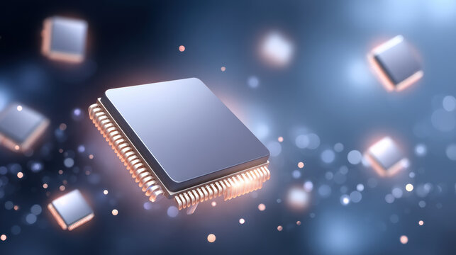 Microchip floating in digital space with glowing circuits and blurred background, representing advanced technology and innovation