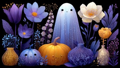 Groovy Halloween set with ghost, pumpkin, flowers, and expressive decorations.