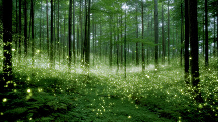 Obraz premium Serene digital forest filled with glowing plants and ethereal light, creating magical atmosphere among tall trees and lush greenery. enchanting scene invites exploration and wonder