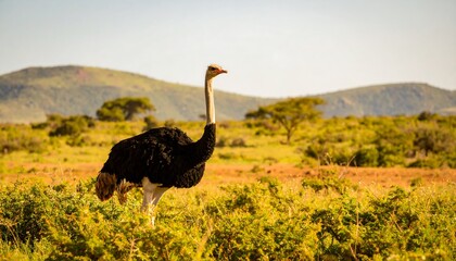 A magnificent ostrich stands tall in a sunlit African savanna landscape.