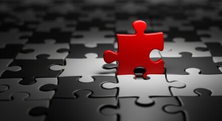 A single red puzzle piece standing out among black and white puzzle pieces