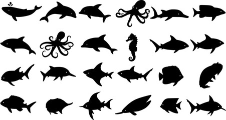 Naklejka premium ocean animals and sea life silhouettes icons collection vector black shape 