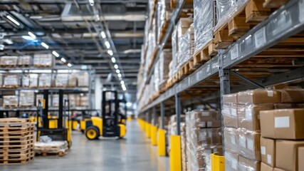 A narrow warehouse aisle with tall shelves of uniformly packaged cartons, illuminated by overhead lights, with blurred workers in the background. - Powered by Adobe