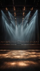 High quality image of empty orchestra stage lit by spotlights.