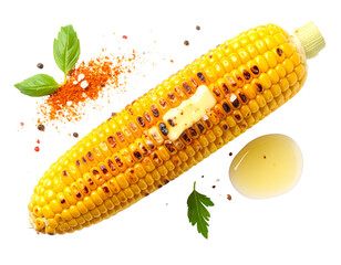Grilled Corn on the Cob with Butter Melting, Angled Top View, Isolated on White Background