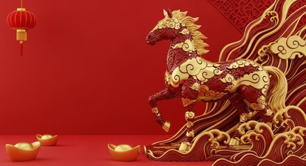 Golden Chinese New Year Horse Decoration with Red Background
