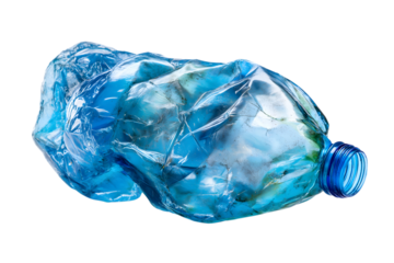  crushed blue plastic water bottle isolated on white background