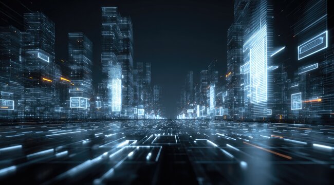 Futuristic cityscape with glowing digital buildings and data streams