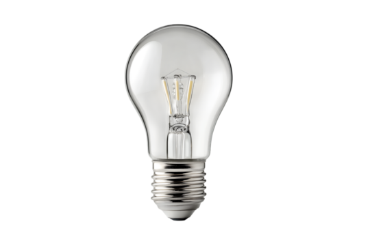  transparent lightbulb with  bright internal filament, symbol of idea  isolated on white background