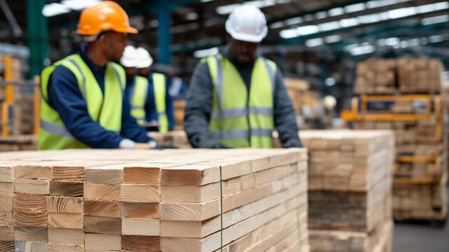 A bustling hardwood factory aisle features workers in protective gear inspecting timber pallets for defects.