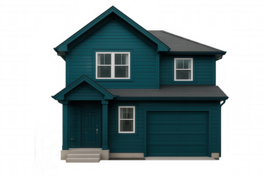 Teal-sided two-story residential home with attached garage, white trim, standing against transparent background